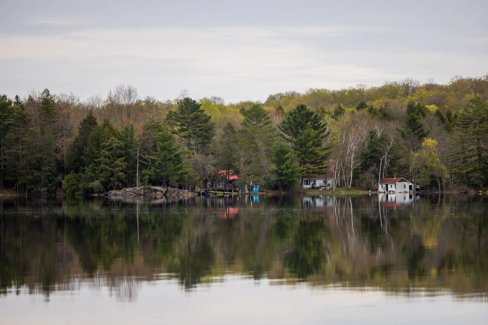 Still lake water reflecting a wooded far shore, with cottages and a small red-roofed boathouse along the treeline.