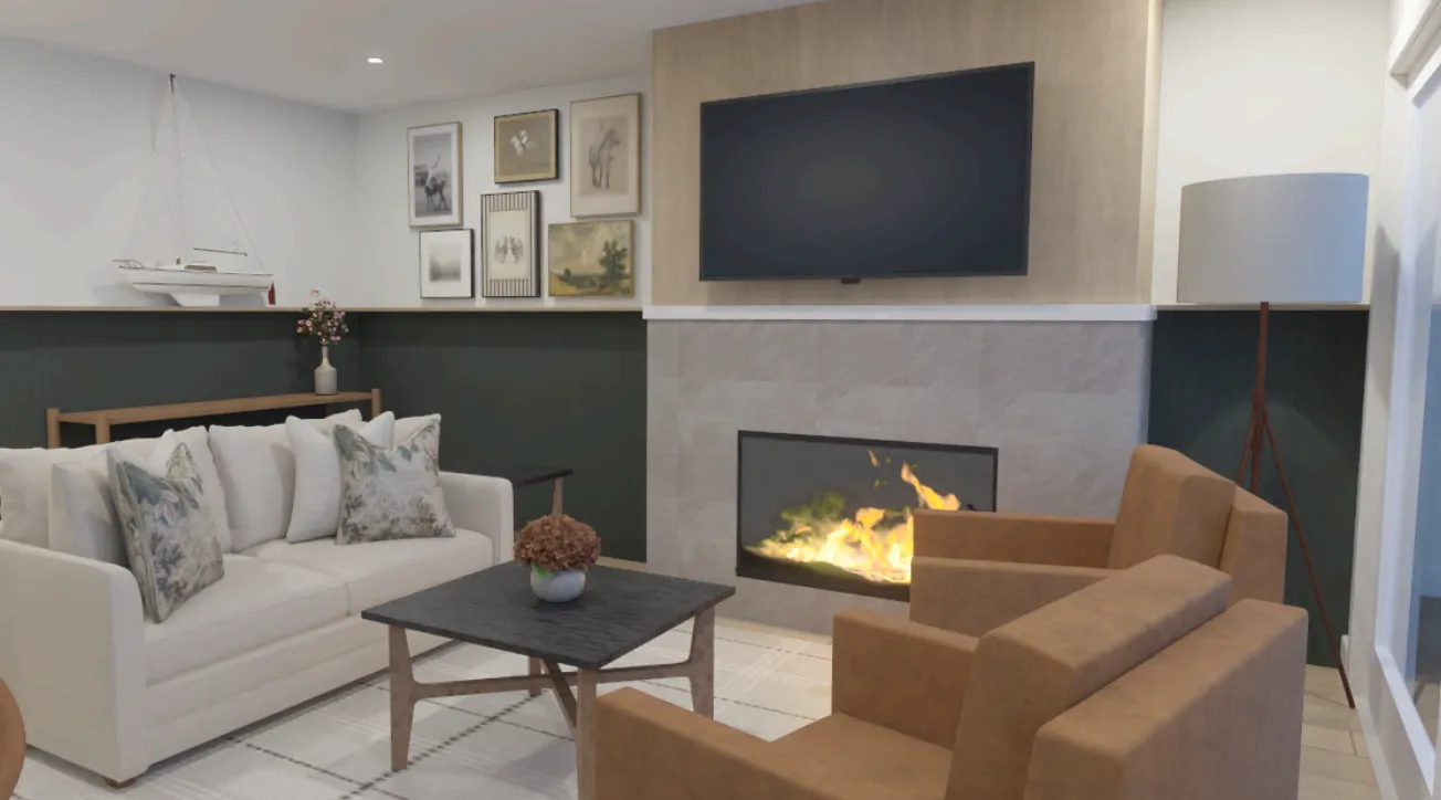 Design rendering of The Equestrian Suite at Inspire Beach Resort: a sitting area with a white sofa, two tan armchairs, a lit linear fireplace below a wall-mounted television, and a gallery wall of equestrian sketches above dark green panelling.